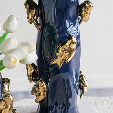 TOEMOA Tree Branch Vase with Gold Bird Accents Ceramic Home Decor