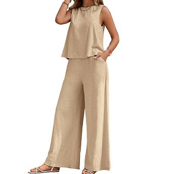 Women's Loose Sleeveless Top Pants Set Crew Neck Pullover Wide-Leg Trousers Casual Matching Outfit