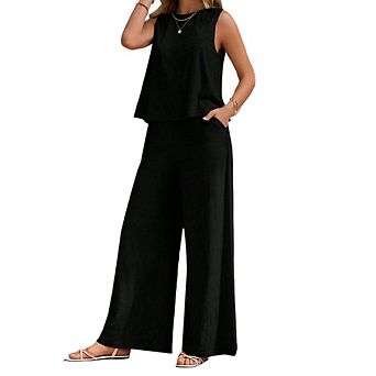 Women's Loose Sleeveless Top Pants Set Crew Neck Pullover Wide-Leg Trousers Casual Matching Outfit