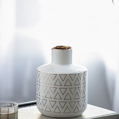 TOEMOA Contemporary Geometric Pattern Ceramic Vase with Gold Accent Trim