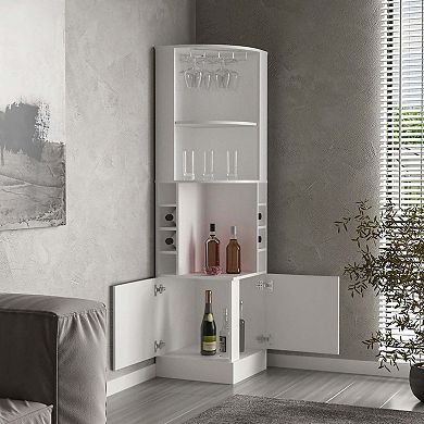 Cairo Corner Bar Cabinet with Double Door Cabinet, Glass Rack, Eight Built-in Wine Rack, White