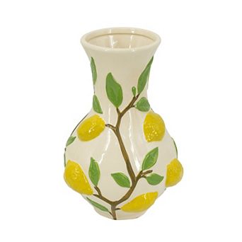 TOEMOA Round Ceramic Vase with Lemon and Vine Floral Accents