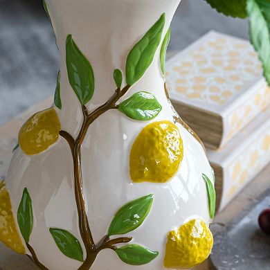 TOEMOA Round Ceramic Vase with Lemon and Vine Floral Accents