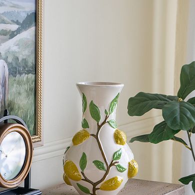 TOEMOA Round Ceramic Vase with Lemon and Vine Floral Accents