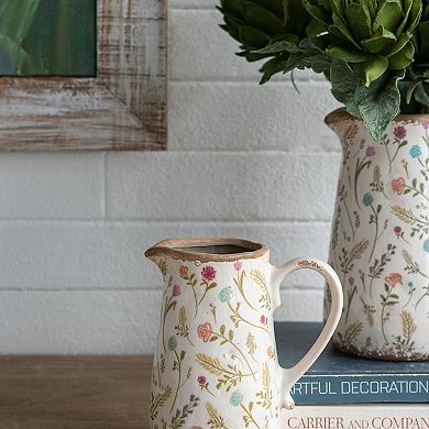 TOEMOA Round Ceramic Pitcher Vase with Multi-Colored Floral Motifs