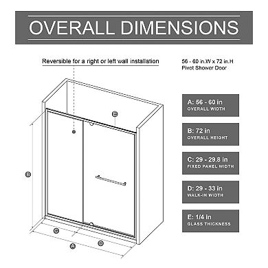 60" x 72" Walk-In Pivot Shower Door with 1/4" Tempered Glass