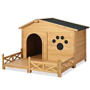 48" Wooden Dog House Outdoor with Porch, Dog Kennel with Water-Resistant Asphalt Roof and Fencing