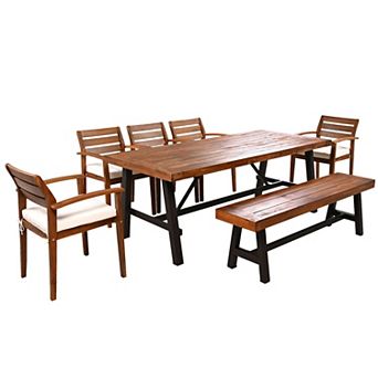 7-8 Person Outdoor Wood Dining Set With Removable Cushions, Ergonomic Chairs And Bench