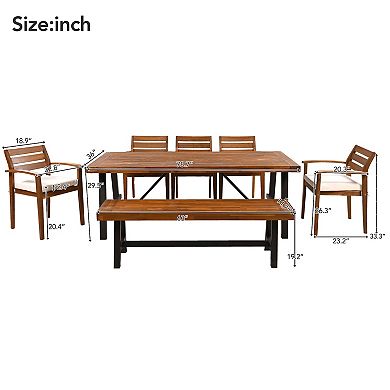 7-8 Person Outdoor Wood Dining Set With Removable Cushions, Ergonomic Chairs And Bench