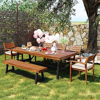 7-8 Person Outdoor Wood Dining Set With Removable Cushions, Ergonomic Chairs And Bench