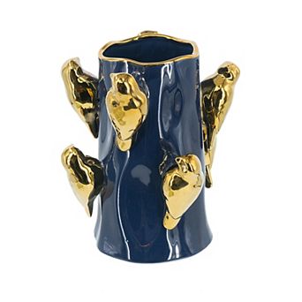 TOEMOA Ceramic Tree Branch Vase with Gold Bird Accents