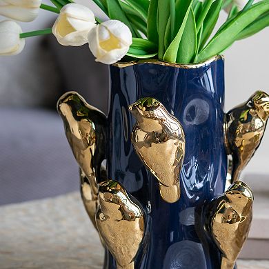 TOEMOA Ceramic Tree Branch Vase with Gold Bird Accents