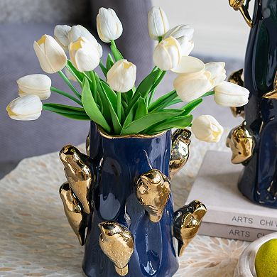 TOEMOA Ceramic Tree Branch Vase with Gold Bird Accents