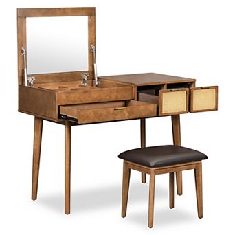 Classic Wood Makeup Vanity Set with Flip-top Mirror and Stool, Dressing Table with Three Drawers