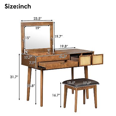 Classic Wood Makeup Vanity Set with Flip-top Mirror and Stool, Dressing Table with Three Drawers