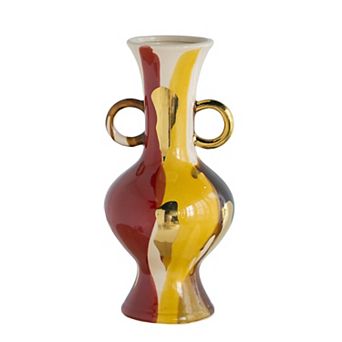 TOEMOA Round Ceramic Vase with Abstract Finish and Small Handles