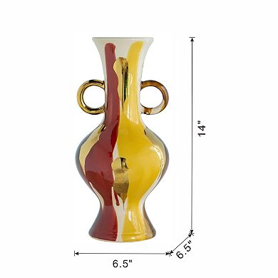 TOEMOA Round Ceramic Vase with Abstract Finish and Small Handles