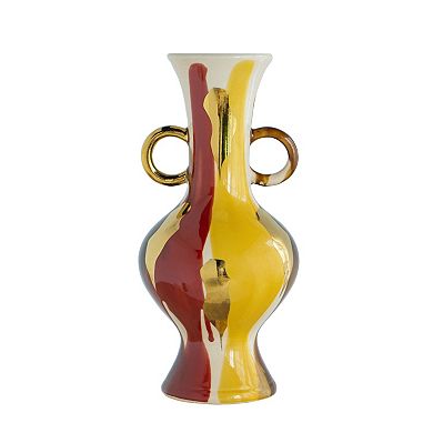 TOEMOA Round Ceramic Vase with Abstract Finish and Small Handles