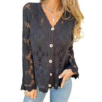 Womens Beach Vacation Crochet Knit Crop Cover Up Hollow Out Long Sleeve Button Down Shirt Tops