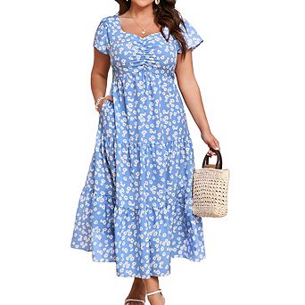 Women Plus Size Floral Maxi Dress Short Sleeve Ruffled Sweetheart Neck Tiered Summer Dress
