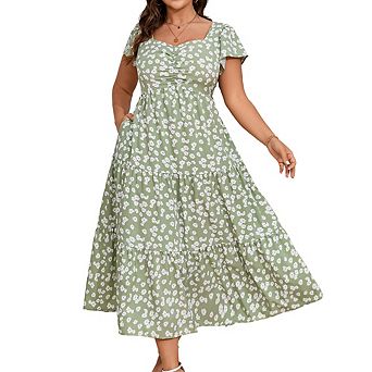 Women Plus Size Floral Maxi Dress Short Sleeve Ruffled Sweetheart Neck Tiered Summer Dress