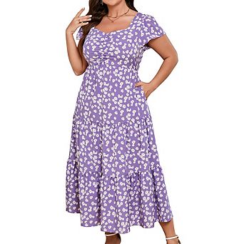 Women Plus Size Floral Maxi Dress Short Sleeve Ruffled Sweetheart Neck Tiered Summer Dress
