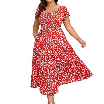 Women Plus Size Floral Maxi Dress Short Sleeve Ruffled Sweetheart Neck Tiered Summer Dress
