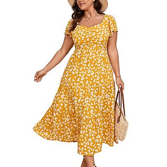 Women Plus Size Floral Maxi Dress Short Sleeve Ruffled Sweetheart Neck Tiered Summer Dress