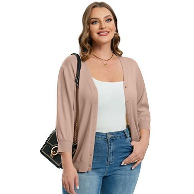 Women's Plus Size V-Neck Cardigans 3/4 Sleeve Knitted Button Down Sweater