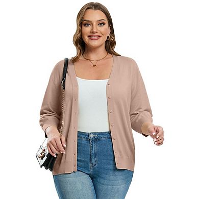 Women's Plus Size V-Neck Cardigans 3/4 Sleeve Knitted Button Down Sweater