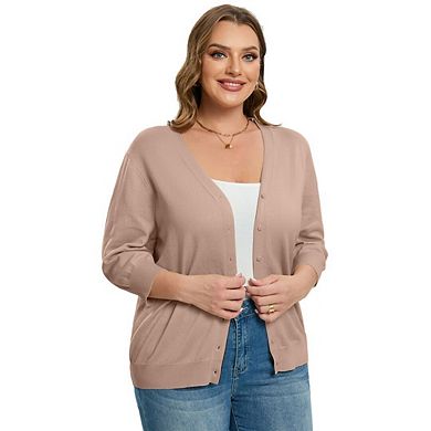 Women's Plus Size V-Neck Cardigans 3/4 Sleeve Knitted Button Down Sweater