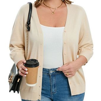 Women's Plus Size V-Neck Cardigans 3/4 Sleeve Knitted Button Down Sweater