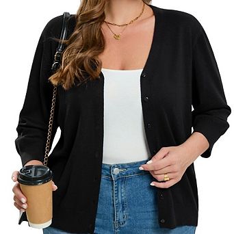 Women's Plus Size V-Neck Cardigans 3/4 Sleeve Knitted Button Down Sweater