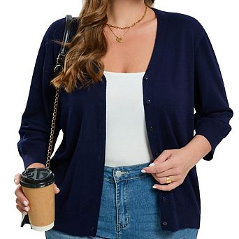 Women's Plus Size V-Neck Cardigans 3/4 Sleeve Knitted Button Down Sweater