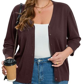 Women's Plus Size V-Neck Cardigans 3/4 Sleeve Knitted Button Down Sweater