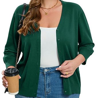 Women's Plus Size V-Neck Cardigans 3/4 Sleeve Knitted Button Down Sweater