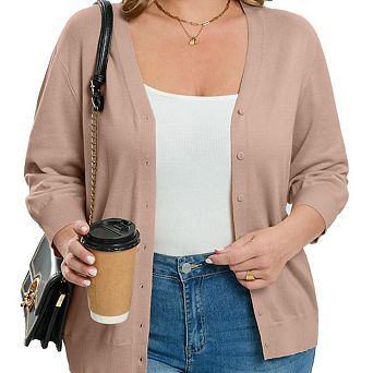 Women's Plus Size V-Neck Cardigans 3/4 Sleeve Knitted Button Down Sweater