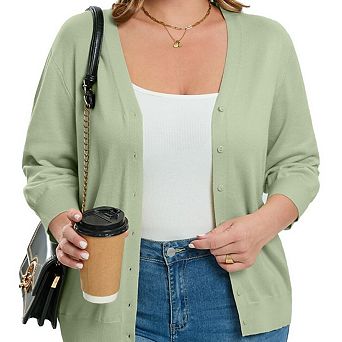 Women's Plus Size V-Neck Cardigans 3/4 Sleeve Knitted Button Down Sweater