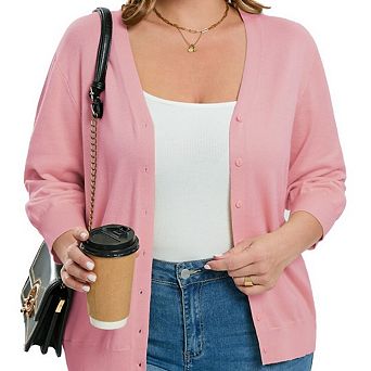 Women's Plus Size V-Neck Cardigans 3/4 Sleeve Knitted Button Down Sweater