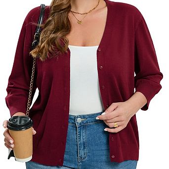 Women's Plus Size V-Neck Cardigans 3/4 Sleeve Knitted Button Down Sweater