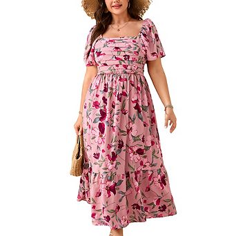 Women Plus Size Floral Square Neck Maxi Dress Short Puff Sleeve Smocked Waist Summer Midi Dress
