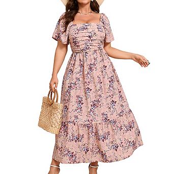 Women Plus Size Floral Square Neck Maxi Dress Short Puff Sleeve Smocked Waist Summer Midi Dress