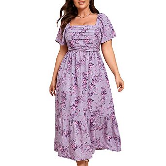 Women Plus Size Floral Square Neck Maxi Dress Short Puff Sleeve Smocked Waist Summer Midi Dress