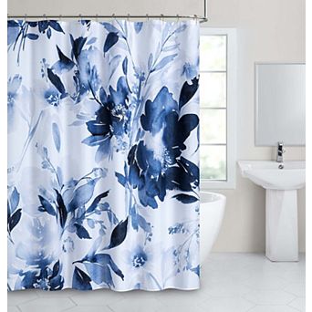 Dainty Home Blue Florals Printed Fabric 3D Designed Textured Fabric Shower Curtain 70" x 72"