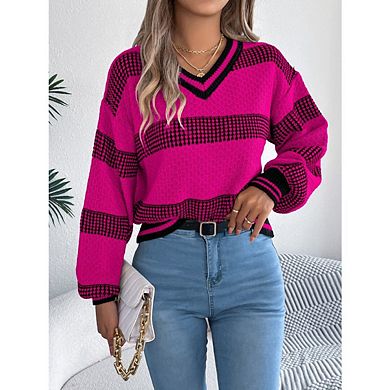 Womens V neck Casual Lantern Sleeve Striped Sweater Loose Fall Pullover Sweater