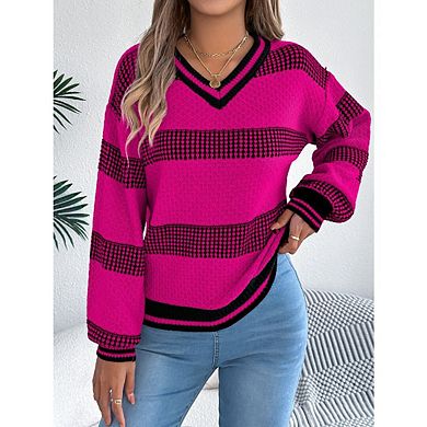 Womens V neck Casual Lantern Sleeve Striped Sweater Loose Fall Pullover Sweater