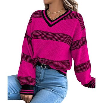Womens V neck Casual Lantern Sleeve Striped Sweater Loose Fall Pullover Sweater