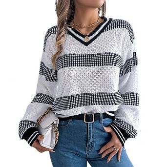 Womens V neck Casual Lantern Sleeve Striped Sweater Loose Fall Pullover Sweater