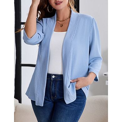 Women's Plus Size Puff Sleeve Cardigan Open Front Casual 3/4 Sleeve