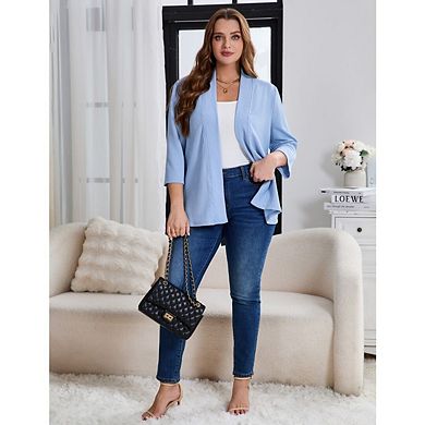 Women's Plus Size Puff Sleeve Cardigan Open Front Casual 3/4 Sleeve